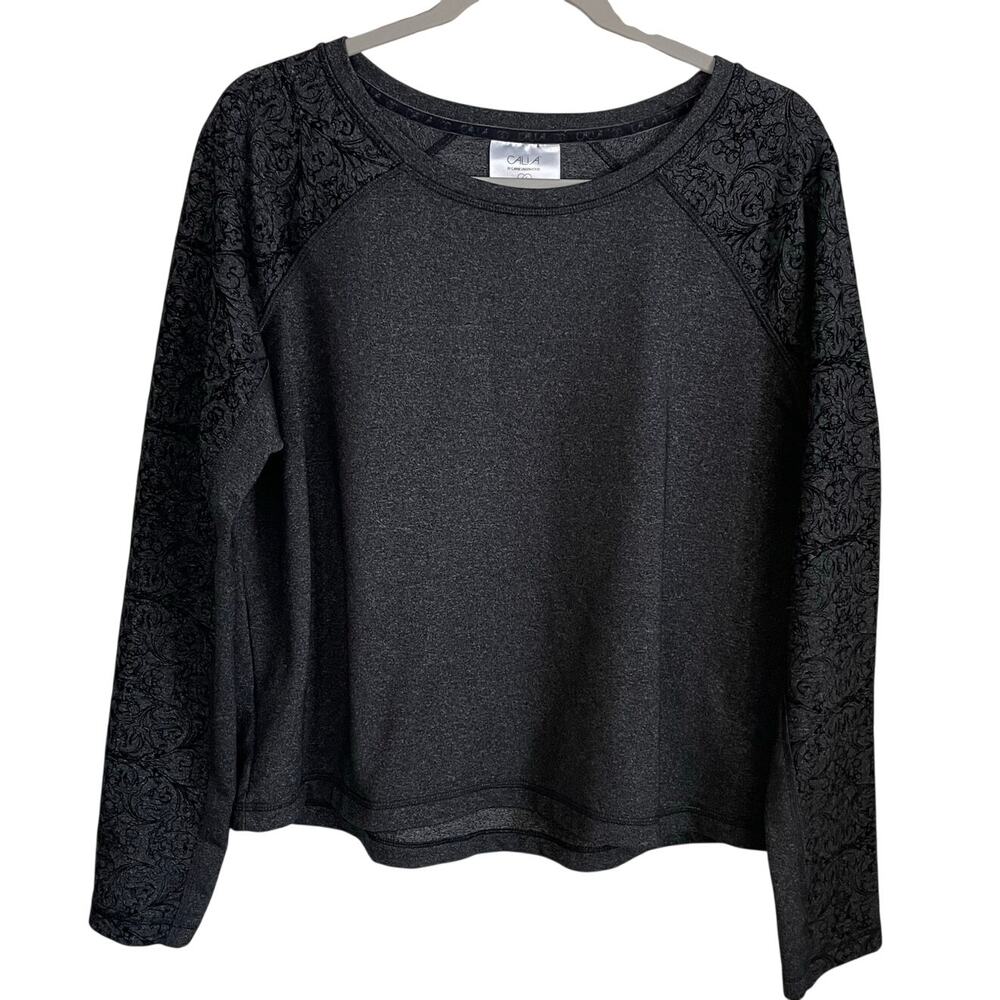 Calia Limited Edition Velvet Pieced Pullover Top Sz L Dark Gray Workout Yoga Gym